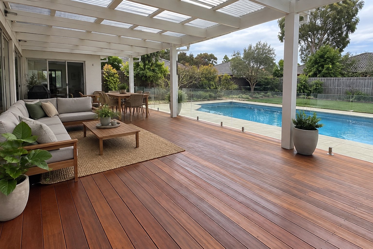 White timber pergola over a timber deck beside a swimming pool